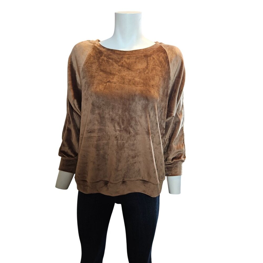 POL Velour Soft Brown Pullover Stretch Sweatshirt Women Size S Relaxed Fit